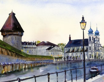 Lucerne Switzerland Watercolor, Lucerne Prints, Chapel Bridge Switzerland, The Kapellbrücke, Abstract Swiss Home Decor, Luzerne painting