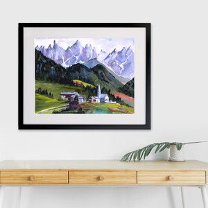 Italian Alps Watercolor Print, Santa Maddalena, St. Magdalena village and church, Italian Dolomites Wall Art, Italy Abstract Wall Decor, image 6