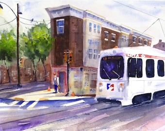 Philadelphia Brownstone Painting Septa Route 10 Lancaster Avenue Philly Wall Art Painting Philadelphia Trolley Car Prints and posters