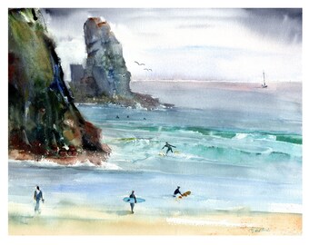Piha Beach New Zealand Print, Lion Rock Seascape, Watercolor Art