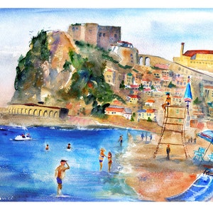 italy print wall art CALABRIA Italy Painting Scilla Beach Italian Beaches Watercolor Landscape Castello Ruffo Wall Art Italy Home Decor Gift