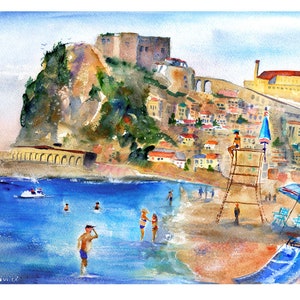 italy print wall art CALABRIA Italy Painting Scilla Beach Italian Beaches Watercolor Landscape Castello Ruffo Wall Art Italy Home Decor Gift image 1