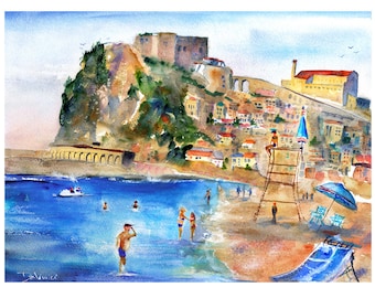 italy print wall art CALABRIA Italy Painting Scilla Beach Italian Beaches Watercolor Landscape Castello Ruffo Wall Art Italy Home Decor Gift