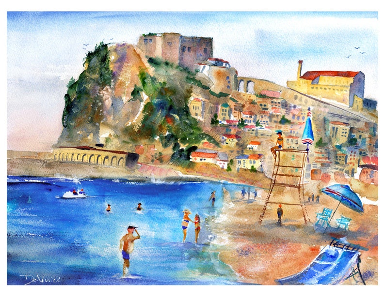 italy print wall art CALABRIA Italy Painting Scilla Beach Italian Beaches Watercolor Landscape Castello Ruffo Wall Art Italy Home Decor Gift image 1