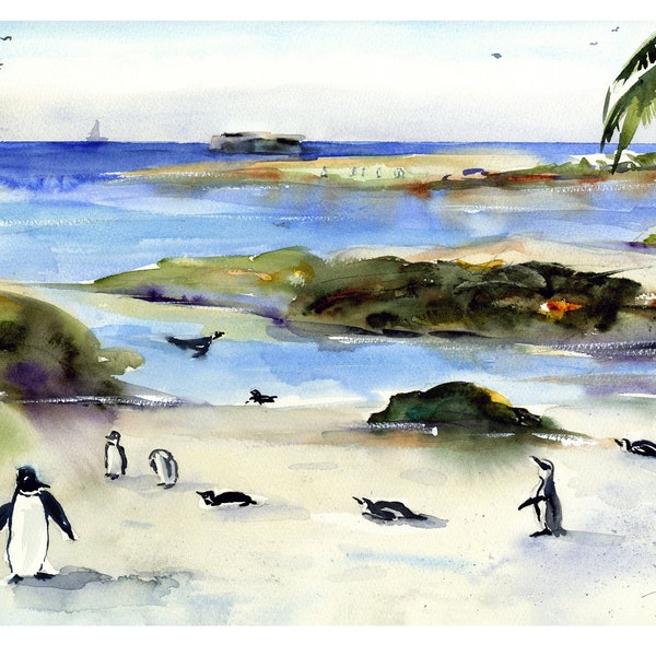 Cape Town South Africa Prints and Paintings Boulders Beach Watercolor Landscape Penguin Painting Clem DaVinci Abstract Watercolor Landscape