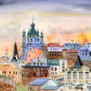 Kyiv Ukraine Watercolor, Abstract Ukrainian Wall Art, Art Prints of Ukraine, St. Andrew’s prints, paintings of Ukraine, Proceeds  Donated