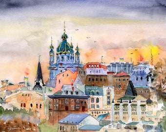 Kyiv Ukraine Watercolor, Abstract Ukrainian Wall Art, Art Prints of Ukraine, St. Andrew’s prints, paintings of Ukraine, Proceeds  Donated