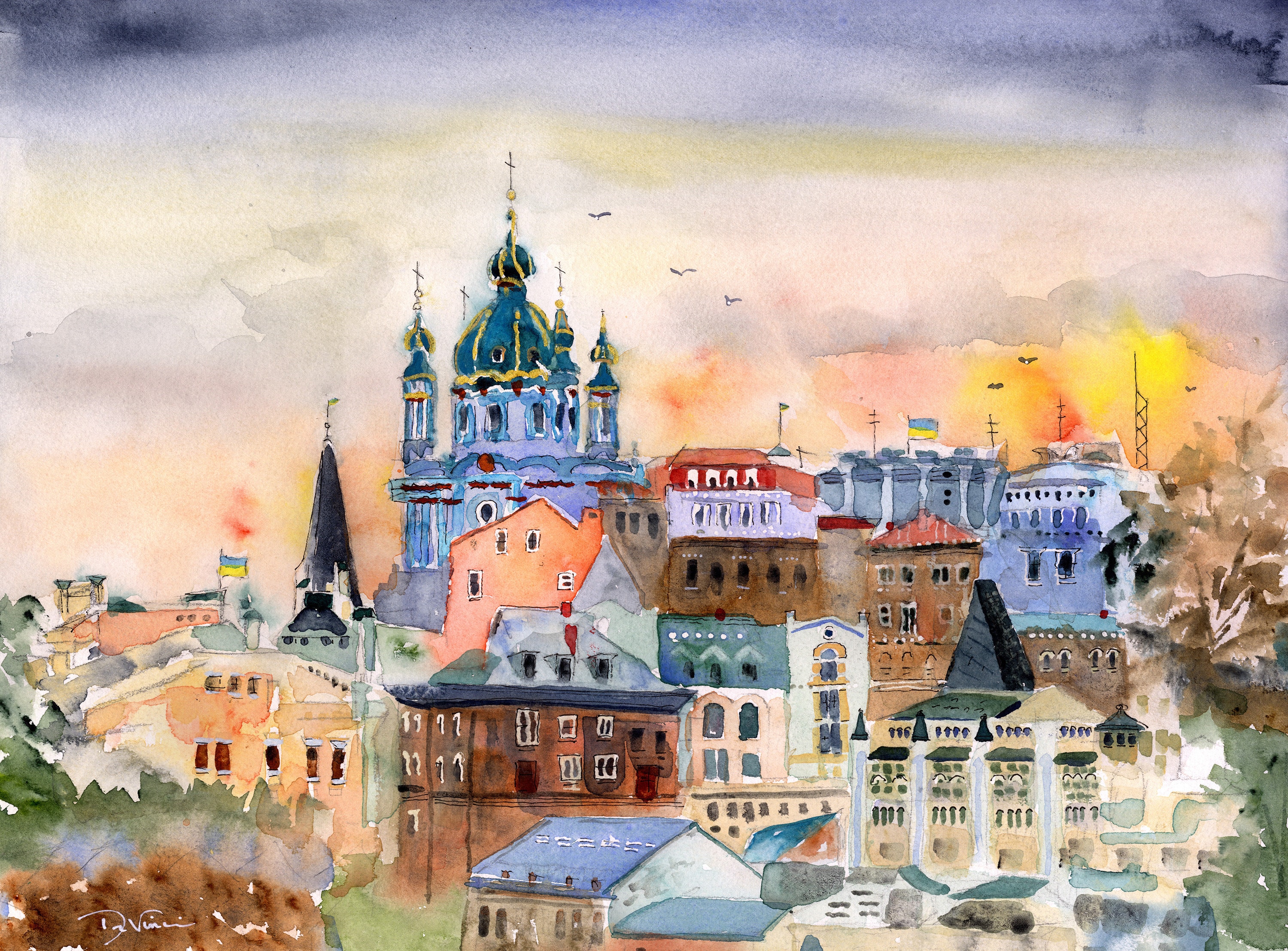 Kyiv Ukraine Aquarell Abstrakte Ukrainische Wandkunst, Kunstdrucke der St.-Andreas-Kirche