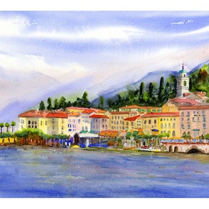 Bellagio Lake Como Italy Watercolor Landscape Italian Lake Prints of Bellagio on Lake Como Italy Wall Decor Italy Watercolor prints image 1