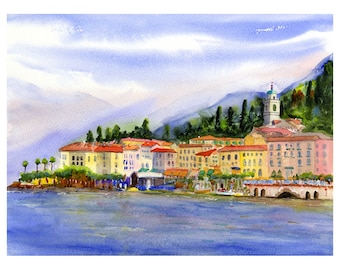 Bellagio Comer See Italien Aquarell Landschaft Italienischer See Drucke von Bellagio am Comer See Italien Wanddekor Italien Aquarell Drucke