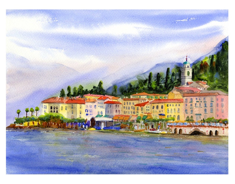 Bellagio Lake Como Italy Watercolor Landscape Italian Lake Prints of Bellagio on Lake Como Italy Wall Decor Italy Watercolor prints image 1