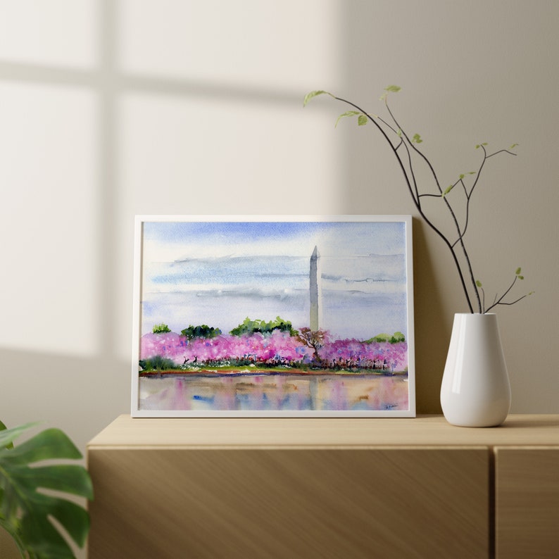 Cherry Trees Washington, DC Clem DaVinci Watercolors Washington Monument 12x16 inches