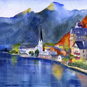 Hallstatt Austria Watercolor Painting Prints Austrian Landscape framed watercolor prints Home Decor Hallstatt village artwork