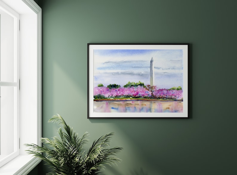 Cherry Trees Washington, DC Clem DaVinci Watercolors Washington Monument 16x20 inches