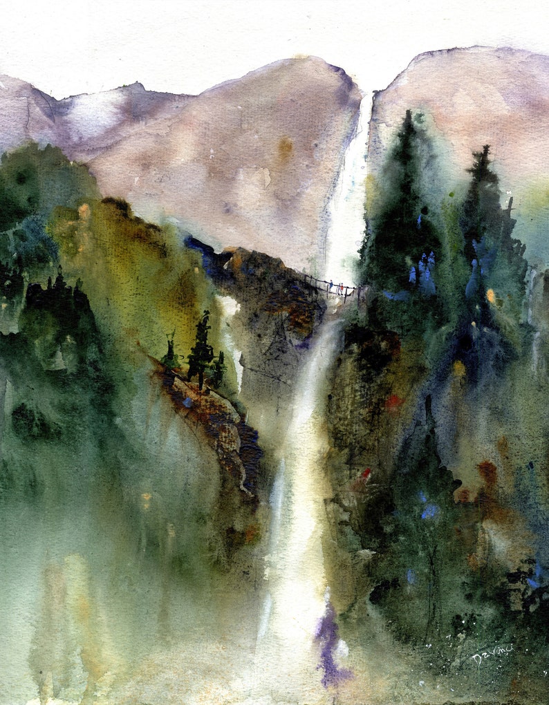 Yosemite Falls Watercolor Waterfall Ribbon Falls Loose Etsy