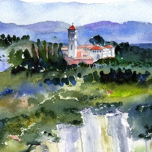 May include: Watercolour painting of a white building with a red roof and a tall tower, surrounded by green trees and hills in the background.