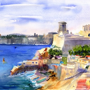 Valletta Malta Watercolor Print, Landscape Wall Art