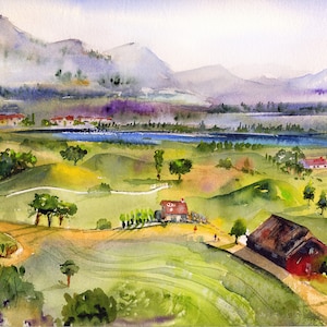 Lucerne Switzerland, Lake Lucerne, Swiss Alps, Swiss Wall Art,  Clem DaVinci, Watercolor Landscapes,