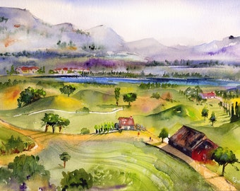 Lucerne Switzerland, Lake Lucerne, Swiss Alps, Swiss Wall Art,  Clem DaVinci, Watercolor Landscapes,