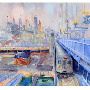 May include: A watercolor painting of a train traveling across a bridge with a cityscape in the background. The train is blue and white and the city is a muted yellow and blue. The sky is a light pink and blue.