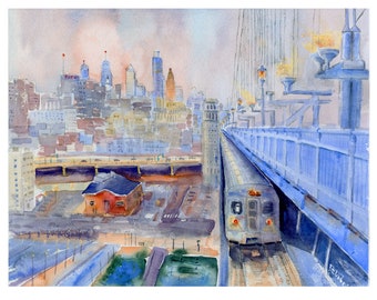 Philadelphia skyline with PATCO Eastbound, Ben Franklin Bridge Wall Art, Philly Skyline Prints, Clem DaVinci Watercolors