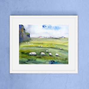 ICELAND South Shore Golden Circle Watercolor Prints Sheep Wall Art Sheep of Iceland Clem DaVinci Watercolors 8x10w/Mat&Frm12x16 inches