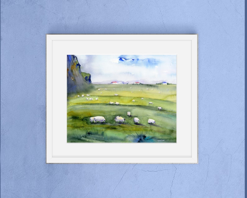 ICELAND South Shore Golden Circle Watercolor Prints Sheep Wall Art Sheep of Iceland Clem DaVinci Watercolors 8x10w/Mat&Frm12x16 inches