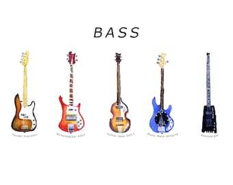 Bass Guitar Watercolor Art Print, Music Studio Decor