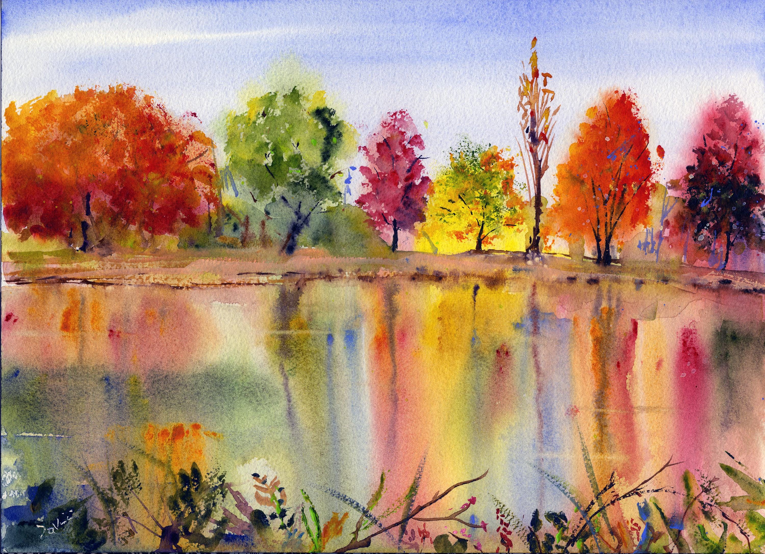 秋の水彩風景画 色鮮やかな紅葉の絵画 秋の壁アート - Etsy 日本