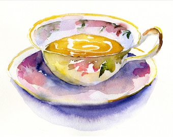 Vintage Tea Cup Watercolor Print, Kitchen Wall Art, Clem DaVinci