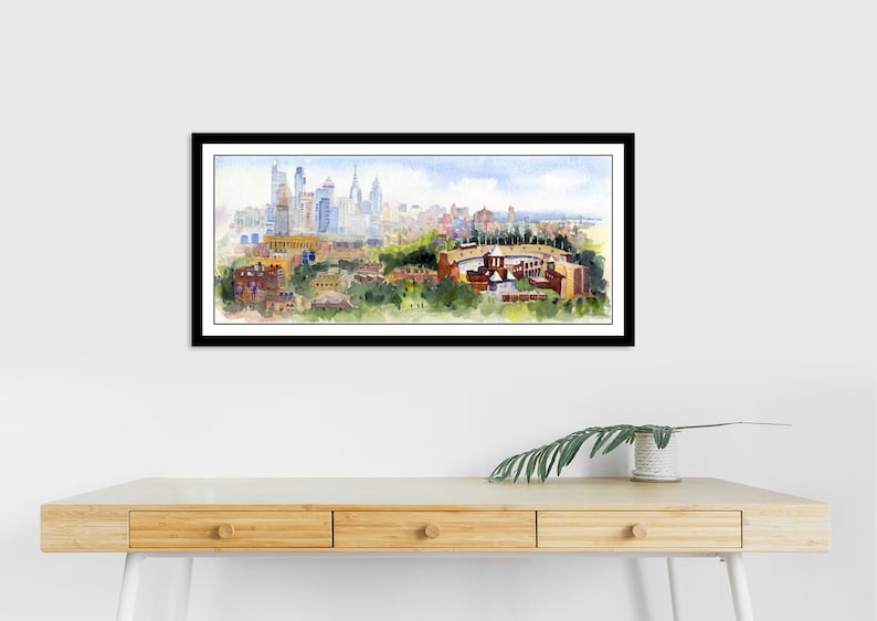 Philadelphia Skyline Wall Art, Philly Skyline Watercolor, Philadelphia Abstract Paintings, Franklin Field Clem DaVinci Watercolors image 2