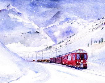 Switzerland, Bernina Express, Glacier Express,   Clem DaVinci, Watercolor Landscapes, Swiss Alps