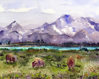 Stampa ad acquerello Grand Tetons, arte del Wyoming, paesaggio di bufalo