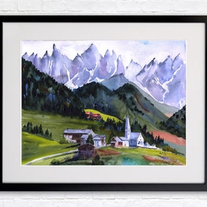 Italian Alps Watercolor Print, Santa Maddalena, St. Magdalena village and church, Italian Dolomites Wall Art, Italy Abstract Wall Decor, image 4