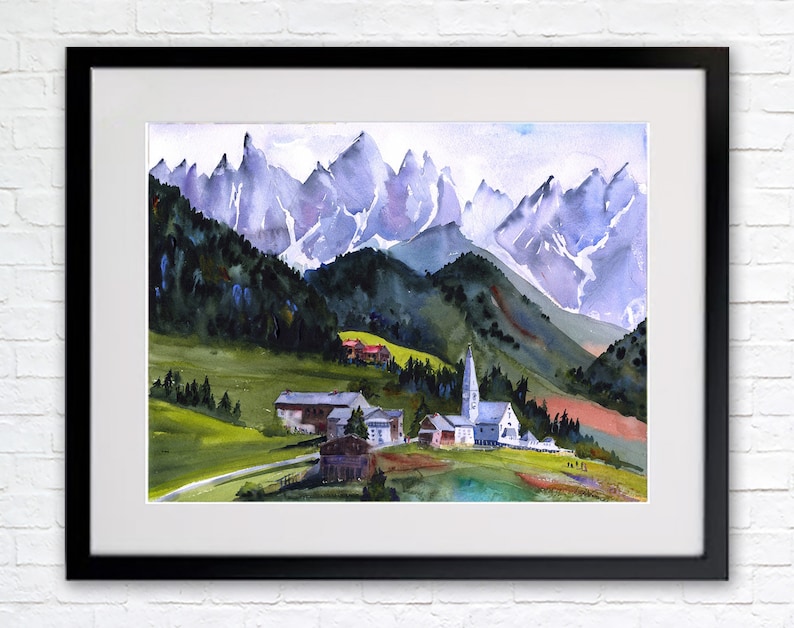 Italian Alps Watercolor Print, Santa Maddalena, St. Magdalena village and church, Italian Dolomites Wall Art, Italy Abstract Wall Decor, image 4