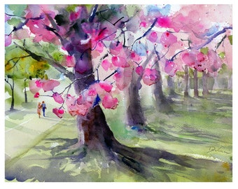 Cherry Trees Paintings Watercolor Cherry Tree Wall Art Home Decor Abstract Treee Pink Wall Art