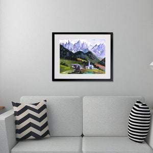 Italian Alps Watercolor Print, Santa Maddalena, St. Magdalena village and church, Italian Dolomites Wall Art, Italy Abstract Wall Decor, image 7