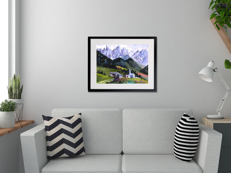 Italian Alps Watercolor Print, Santa Maddalena, St. Magdalena village and church, Italian Dolomites Wall Art, Italy Abstract Wall Decor, image 7