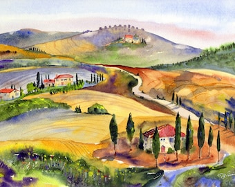 Tuscany Painting, Italy, Tuscany Landscape Print, Abstract Wall Art, watercolor print, Home decor, Toscana art print, Italy Framed Art