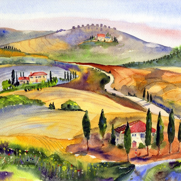 Abstrakte Landschaft in der Toskana, Italien, Gedruckt, Abstrakte Kunst, Aquarell Druck, Geschenk Einrahmung, Geschenk zum Geburtstag