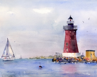 Lewes Delaware Lighthouse Watercolor Painting, Sailing Seascape (Digital Download)