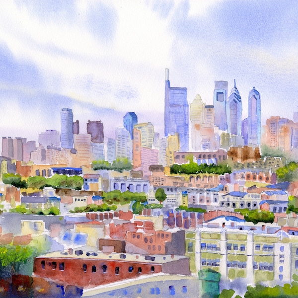 Philadelphia skyline, Bok building View, Philly Art Prints, South Philadelphia, Watercolor Cityscape and Landscapes Wall Decor
