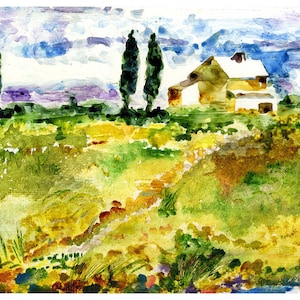 Dream of The Tuscan Sun, Watercolor Print, Tuscany  Italy, wall Art, Watercolor Landscapes, Clem DaVinci Watercolors