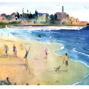 Tel Aviv Beach, Watercolor Beaches, Best Beaches of Tel Aviv, Israel watecolor, Israel Wall Art, Israli Home Decor