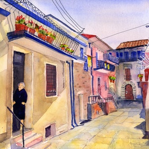 CALABRIA Italy, Paintings of Southern Italy, Clem DaVinci, Italian Wall Art Decor, Prints of Calabria, Watercolor Village in Calabria MAIDA