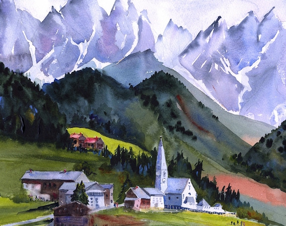 Santa Maddalena Watercolor Print, Italian Dolomites Village Art - Etsy