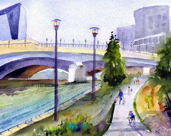 Schuylkill River Trail, Philly Skyline Watercolor, Philadelphia Paintings, Clem DaVinci, Philly Art, Philly Bike Paths, Biking Philadelphia