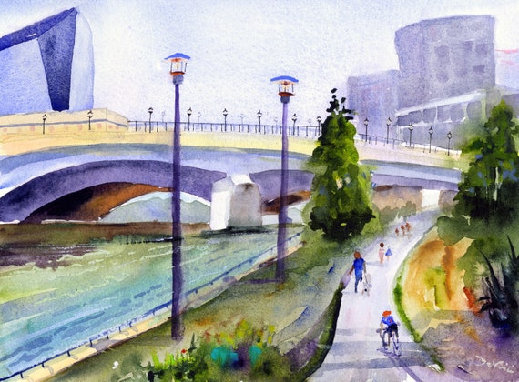 Philly Skyline Watercolor Print, Schuylkill River Trail, Philadelphia Art