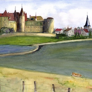 FRANCE Landscape French Countryside Watercolor Landscape Château de Commarin Watercolor, Burgudy France Art Print French Wall Art