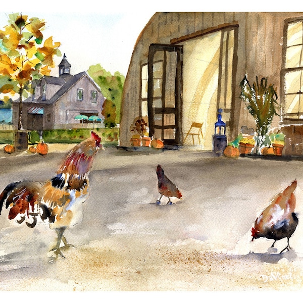 Beach Plum Farm, Cape May, N.J., Free Range Rooster and Hens, Watercolor Farm landscape, Farm Watercolors, Fall Watercolors, Clem DaVinci